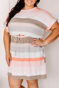 Picture of Plus Size Dress Striped Print Drawstring Short Sleeve